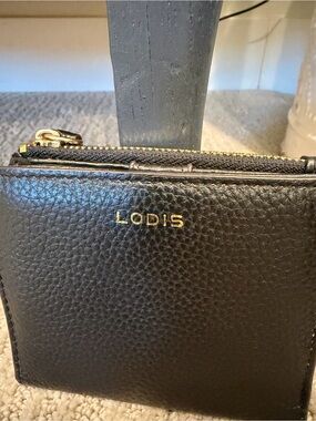 Lodis Black Pebbled Leather Zip Card Wallet with Gold Logo
